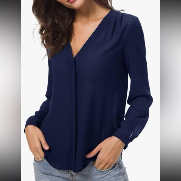 Old Navy  navy blue Mandarin collar V-neck tunic top size large - Picture 2 of 9